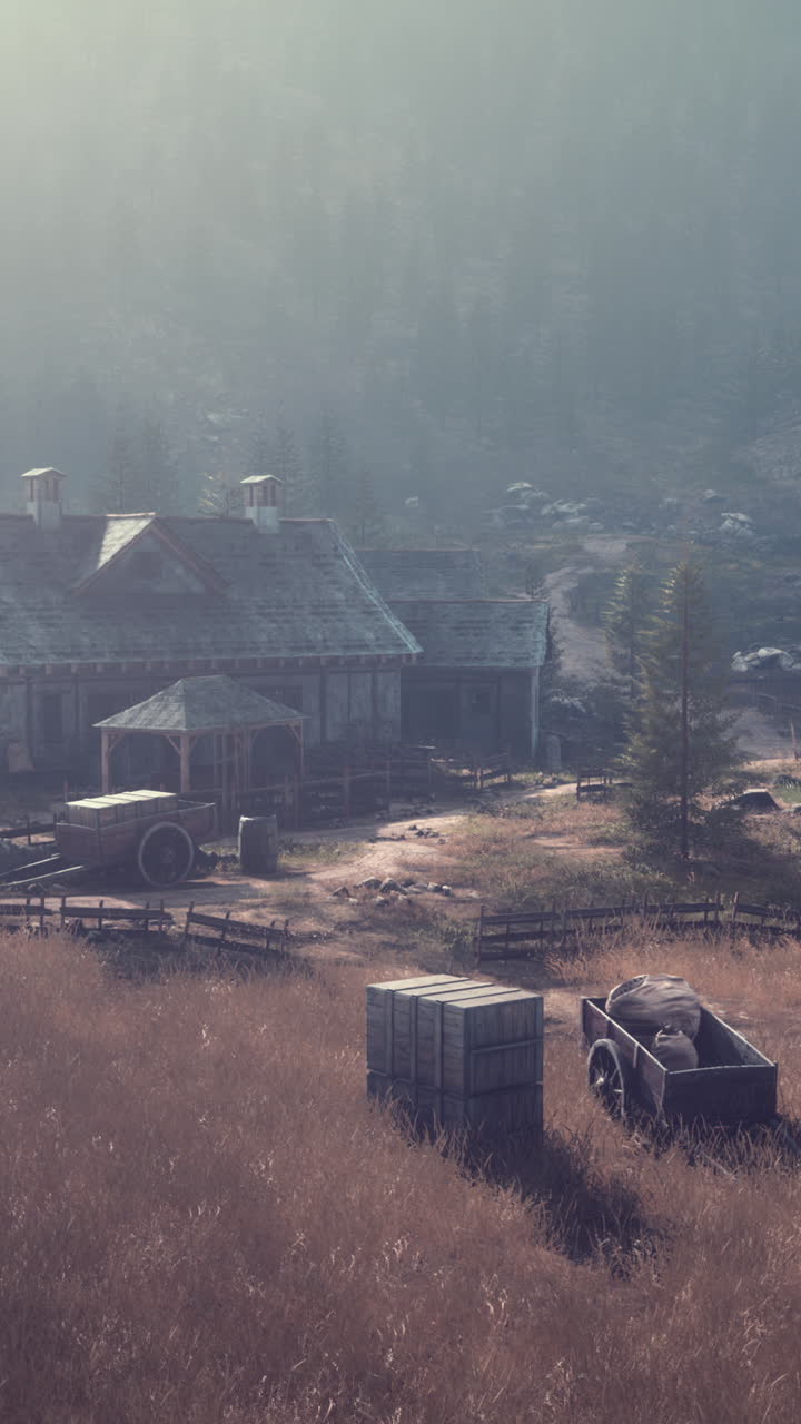 시골 농장 의 안개 가 가득 한 아침