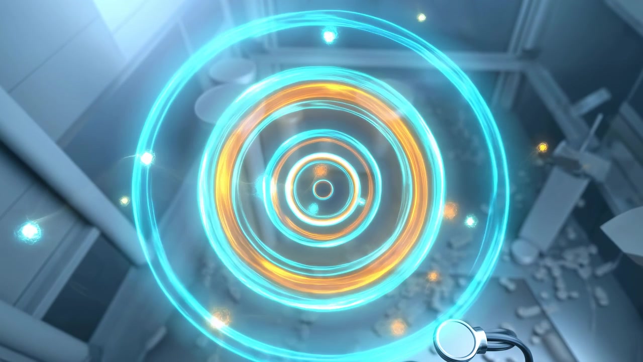 Bright blue and orange concentric light rings illuminate a metallic abstract tunnel, with soft particles, reflective surfaces, and a sleek high-tech atmosphere