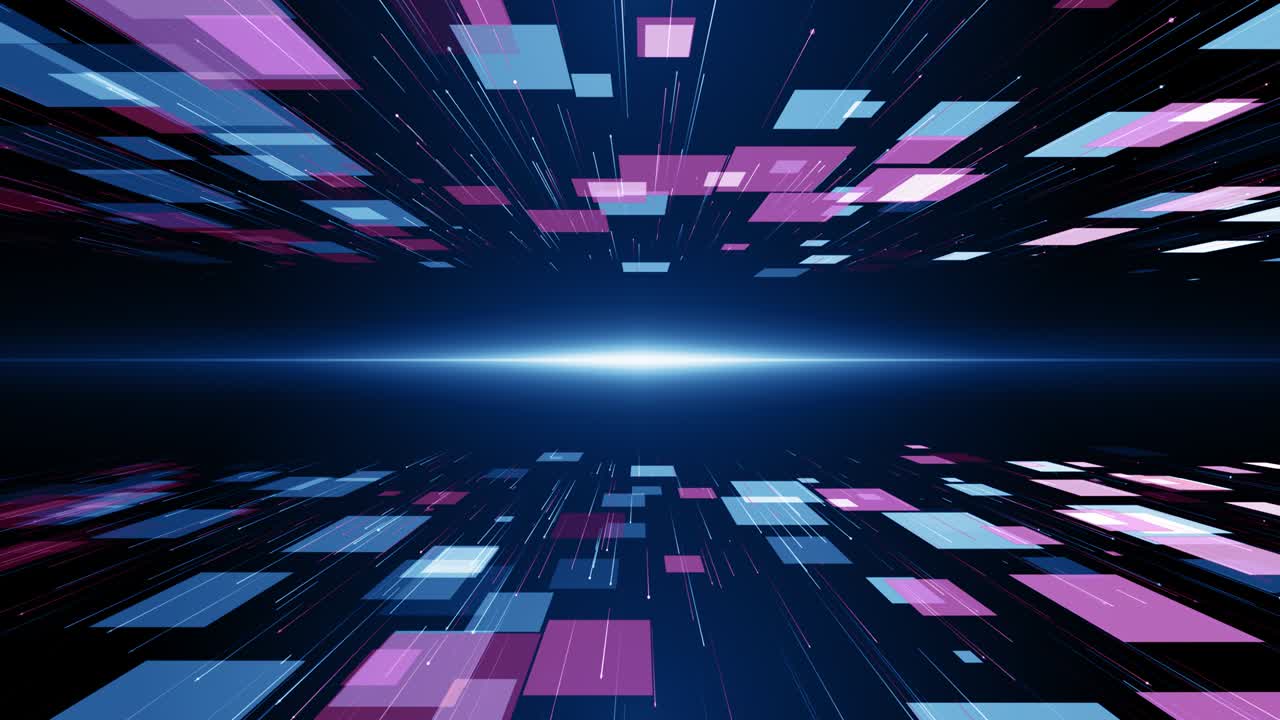 Partikel in Blau und Rosa, Event- und Spieltrailer-Titel, kinoreifer Hintergrund-Loop für Konzertbühnen