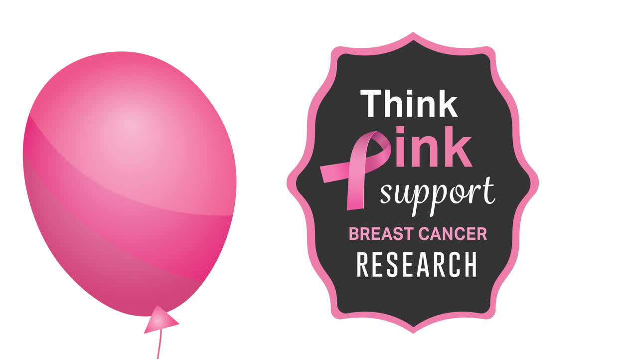 animación de un globo rosa volando sobre el logotipo de la cinta rosa y el texto del cáncer de mama
