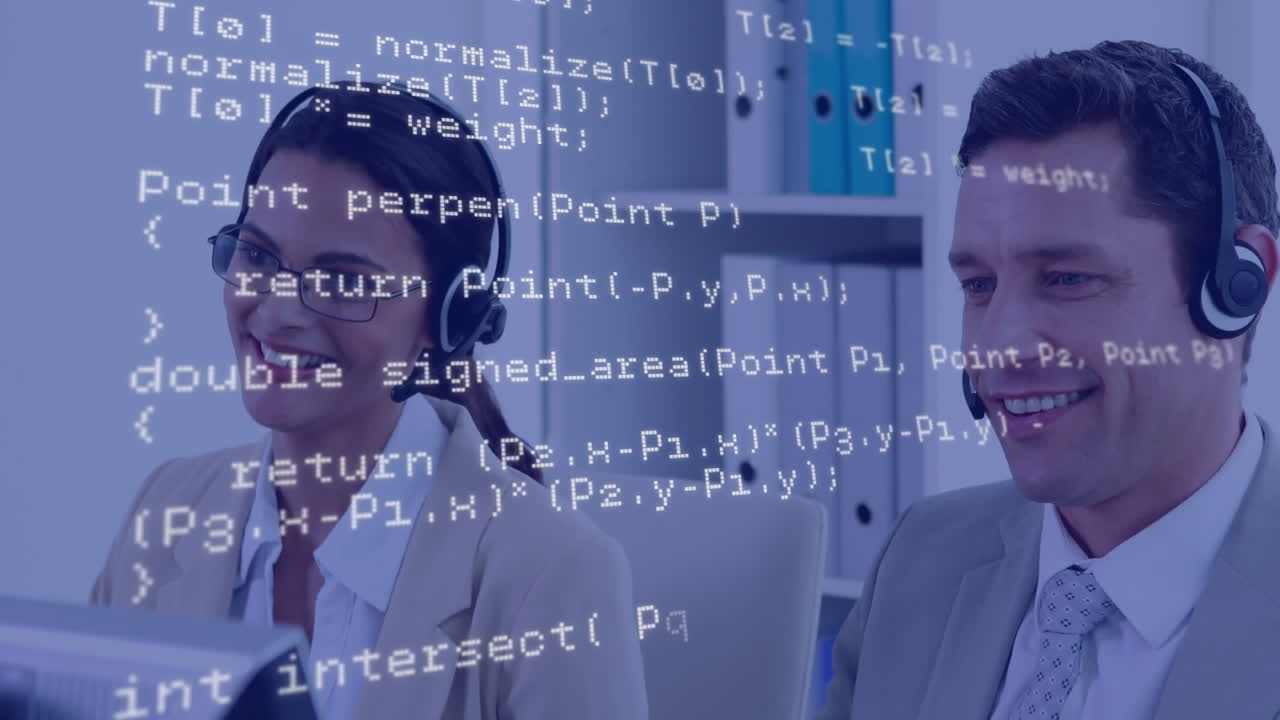 Animation of data processing over business people using phone headsets