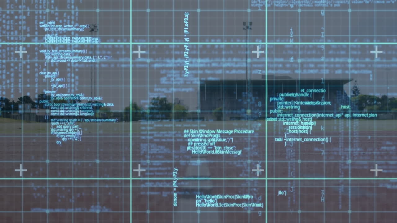 Animation of data on digital screen over legs of caucasian man running at stadium