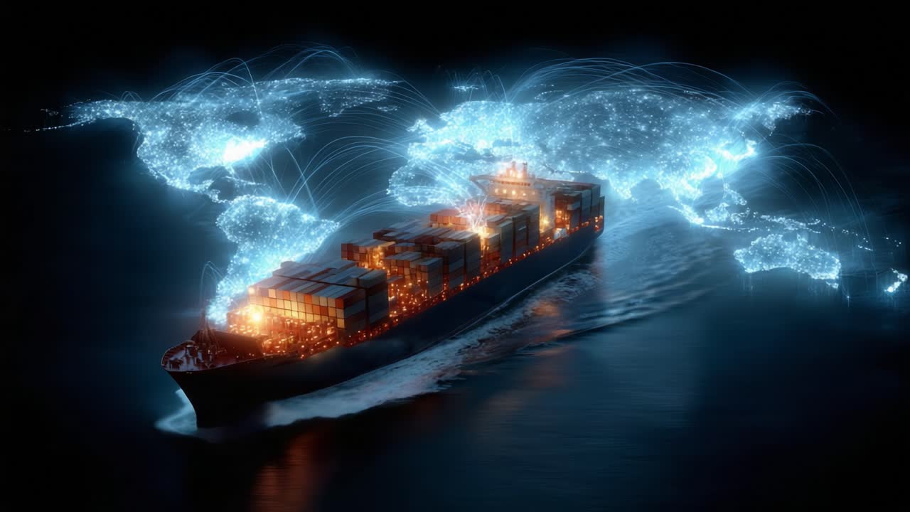 A Dynamic Container Ship Navigating Through Global Trade Routes Illuminated by Digital Connections and World Map Network Visualization