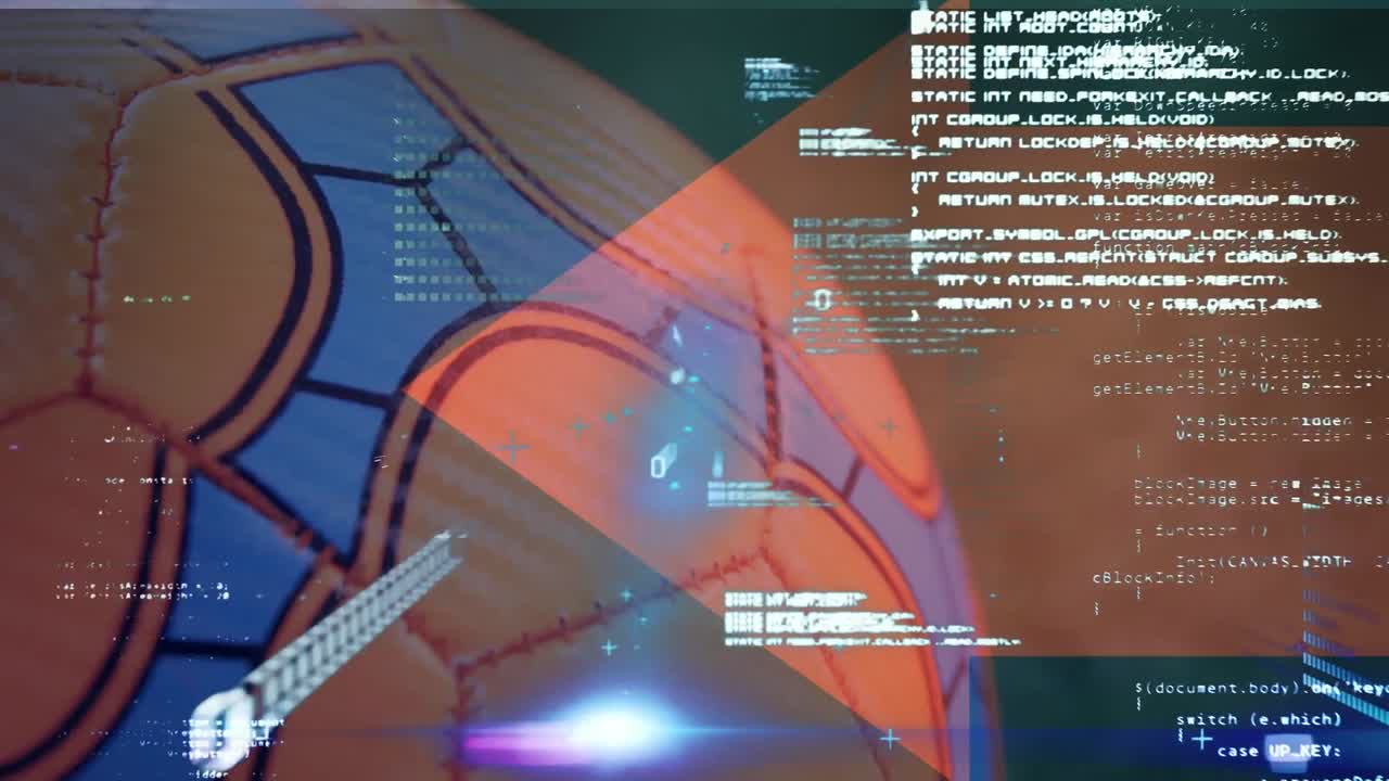 Animation of light spots and data processing against close up of soccer ball on grass field