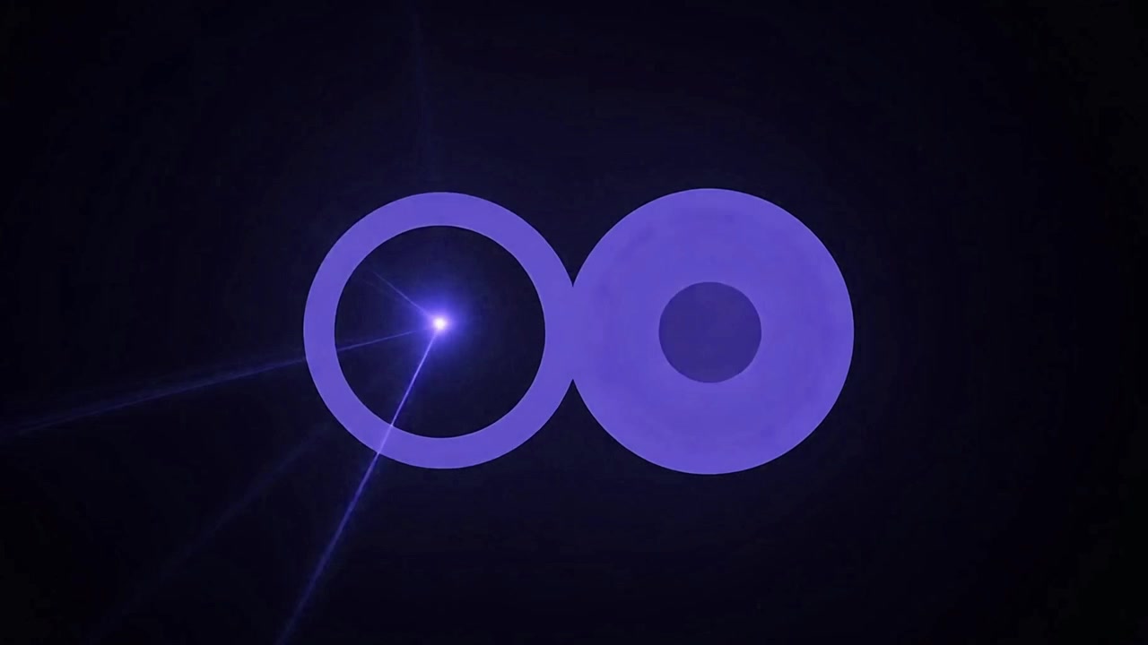 Animazione astratta di cerchi viola e fasci di luce