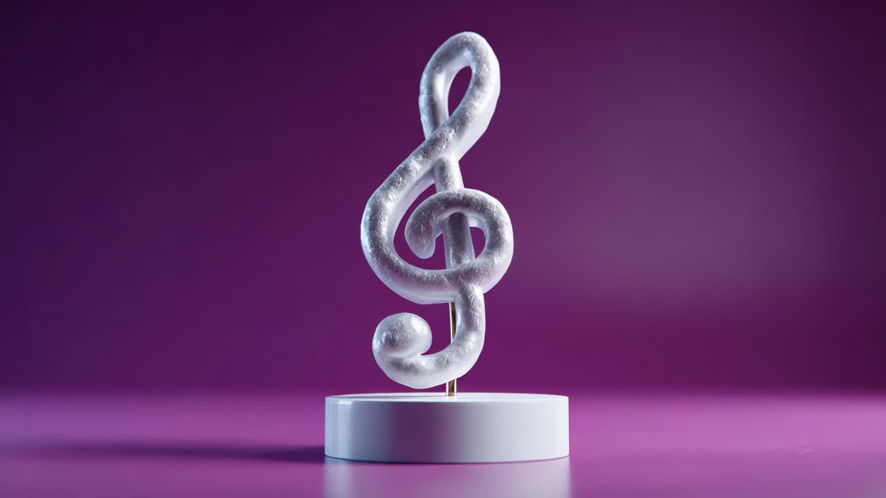 A Captivating View of a Stylish Treble Clef Sculpture Set Against a Rich Purple Background, Showcasing Artistic Creativity and Musical Inspiration