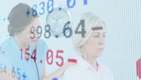 animación del procesamiento de datos financieros sobre una doctora con un paciente