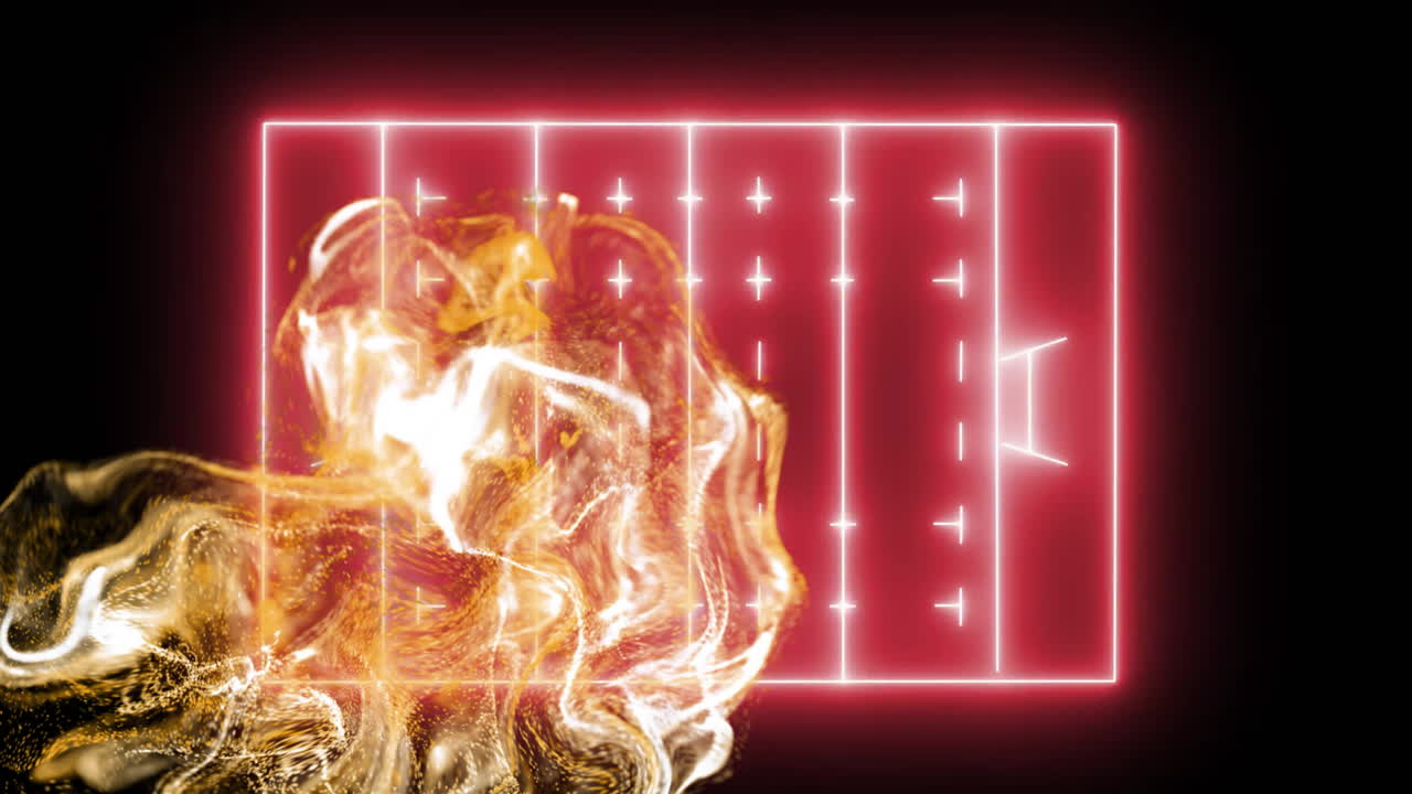 검은색 바탕에 빨간색 네온 럭비 피치 위에 떠다니는 오렌지색 입자 네트워크의 애니메이션