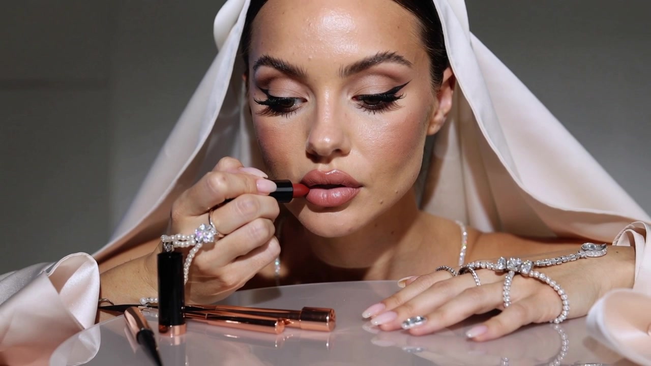Una donna si applica il rossetto, premendo sul labbro inferiore, seduta a un tavolo lucido, con un cappuccio di raso e braccialetti di perle.