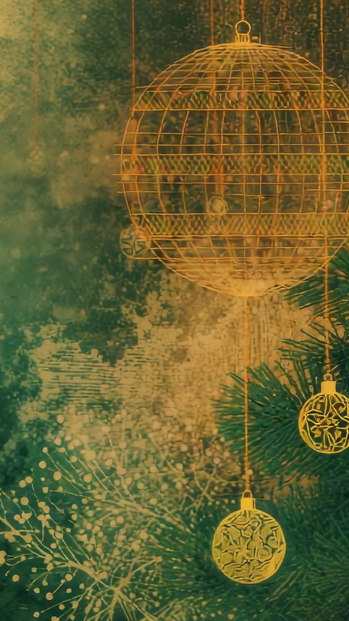 Vertical video: Gold wire cage sliding down panel, pine branch emerging, hanging bauble, copy space