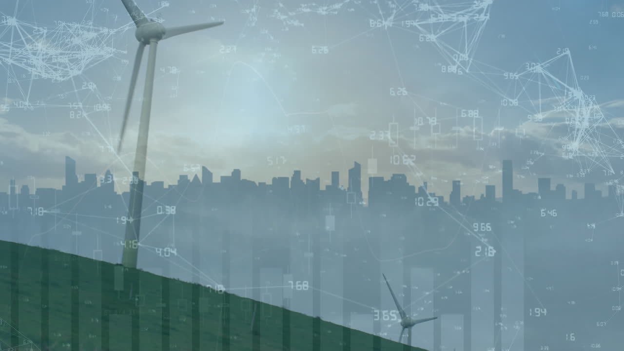 Animation of data processing over cityscape and wind turbines