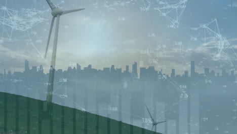 animation of data processing over cityscape and wind turbines