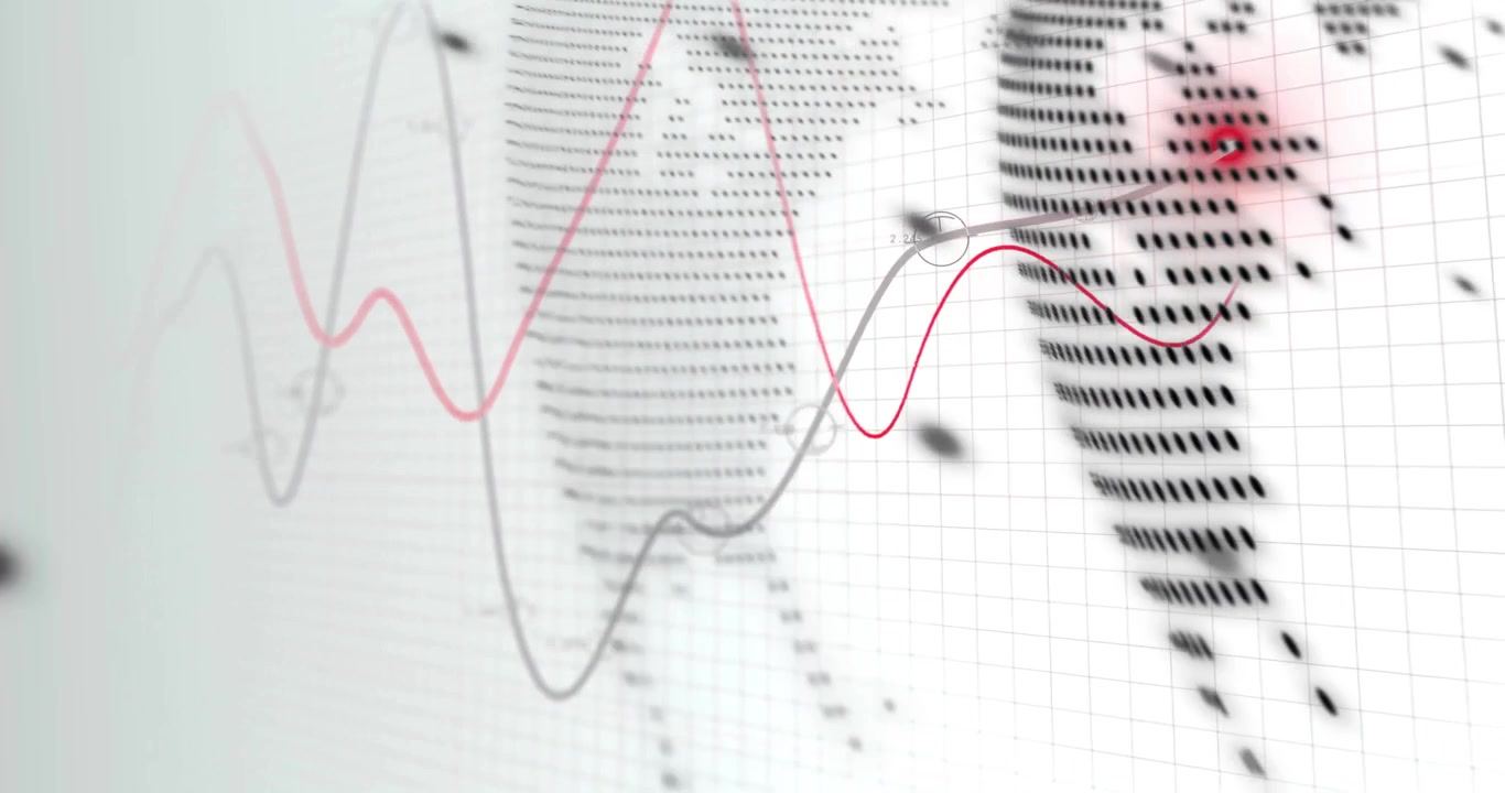 Red and gray lines oscillating over grid, pulsing glow marking map location, dotted globe rotating