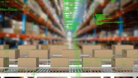 animation of data processing over delivery boxes on conveyer belt against warehouse