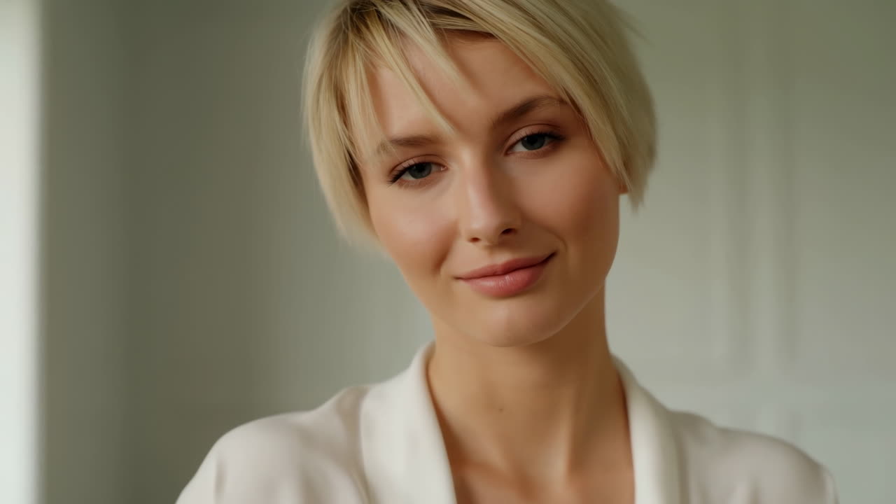 Primo piano di una giovane donna bionda che sorride alla macchina fotografica