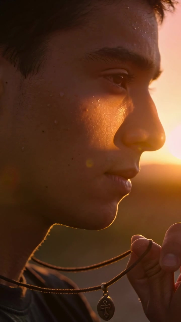 Vídeo vertical: Sol brilhando intensamente, adolescente abrindo o olho, virando-se para o sol e ajustando o colar ao pôr do sol