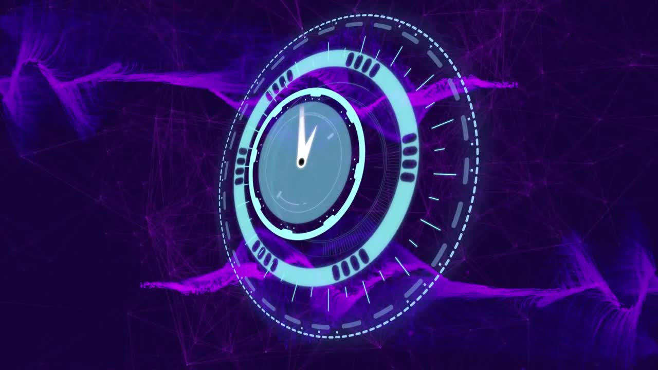 Animation of moving clock over black background with violet smoke