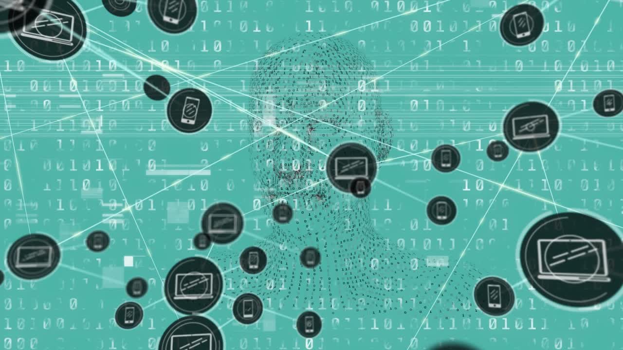 Animation of network of connections with icons over blue background