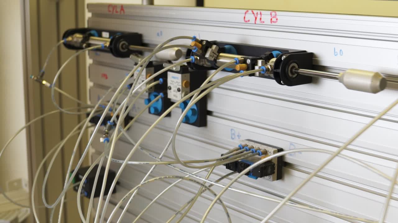 fotografía en cámara lenta de un ingeniero activando un ensamblaje de bomba hidráulica de presión de aire en un taller universitario en stornoway en la isla de lewis, parte de las hébridas exteriores de escocia