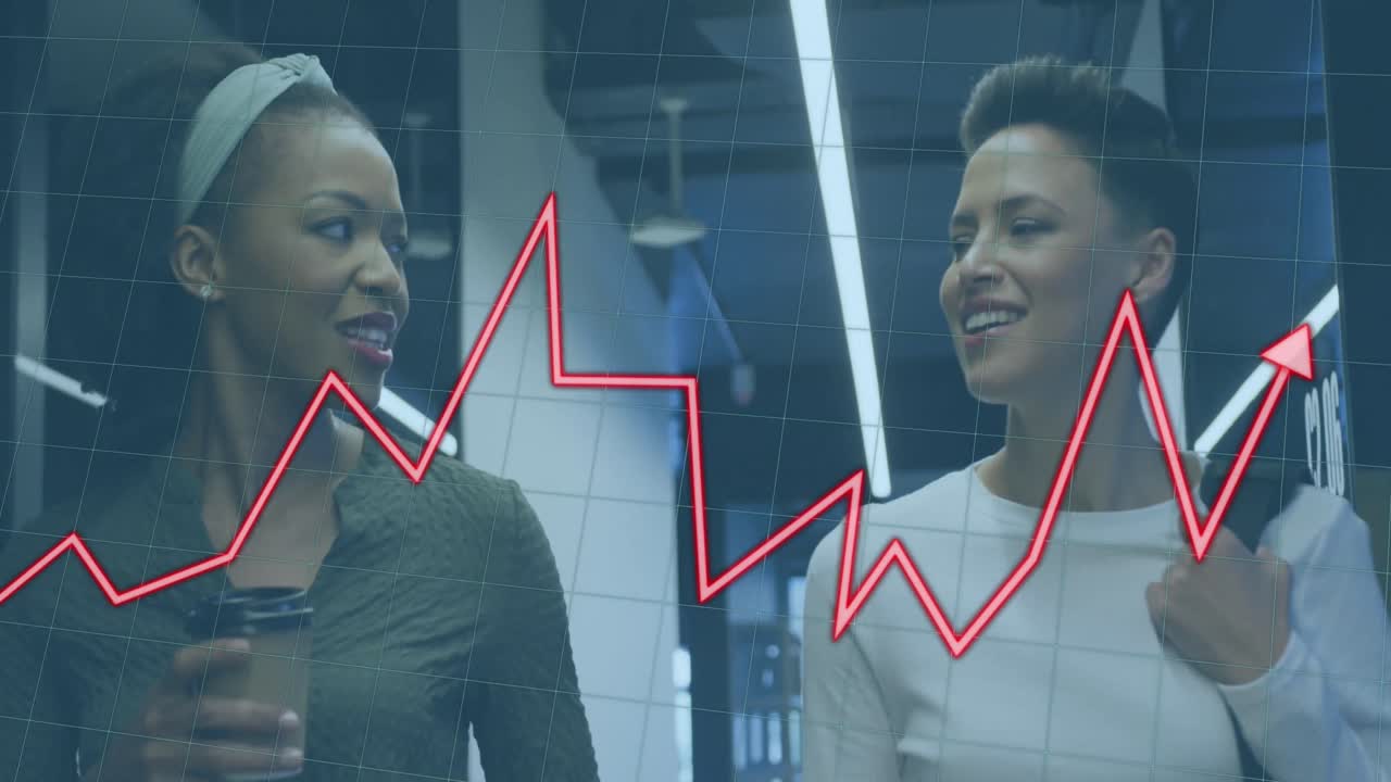 Animation of financial data processing over diverse business people discussing work at office