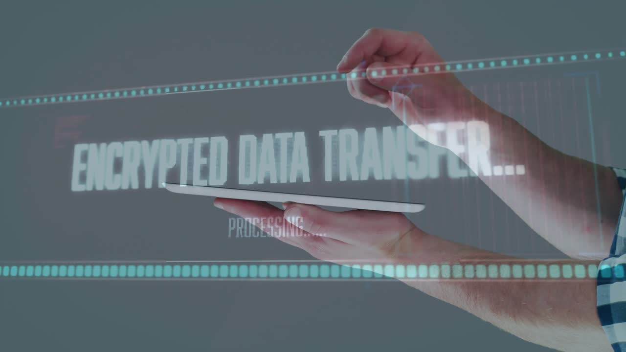 Upon extending hand holding tablet man pinching tapping controlling encrypted data transfer streams