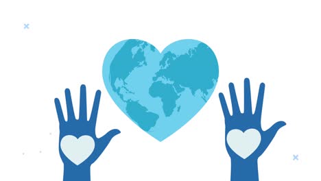 world heart day animation with hands up and earth with heart shape