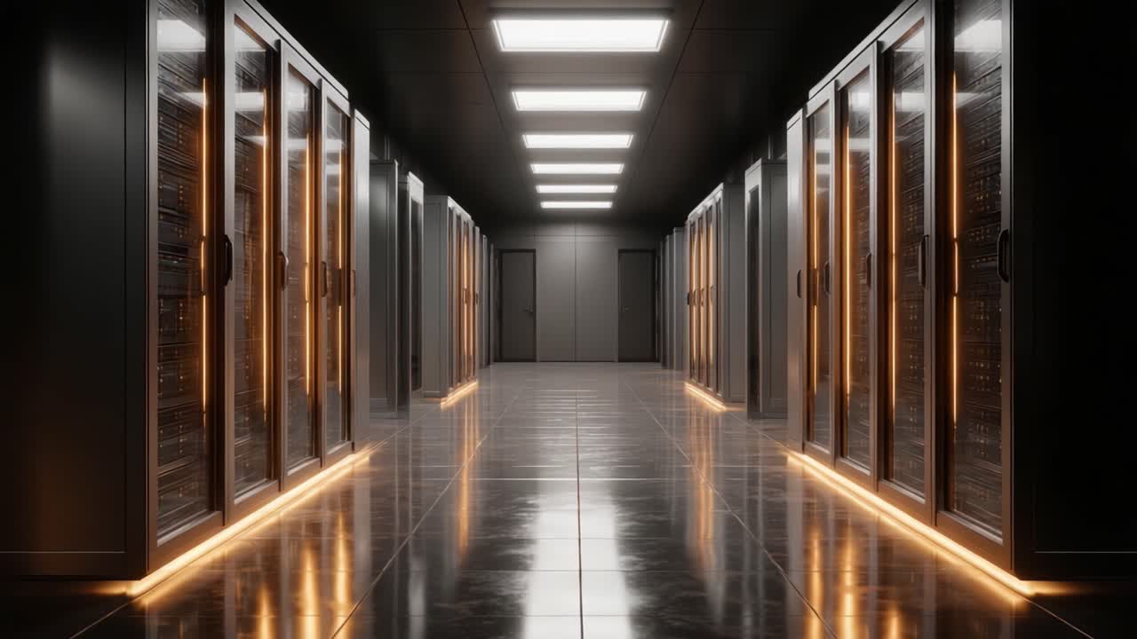 Una splendida vista di un moderno data center con file di rack di server illuminati da una luce soffusa, che mette in mostra tecnologie all'avanguardia e un design efficiente