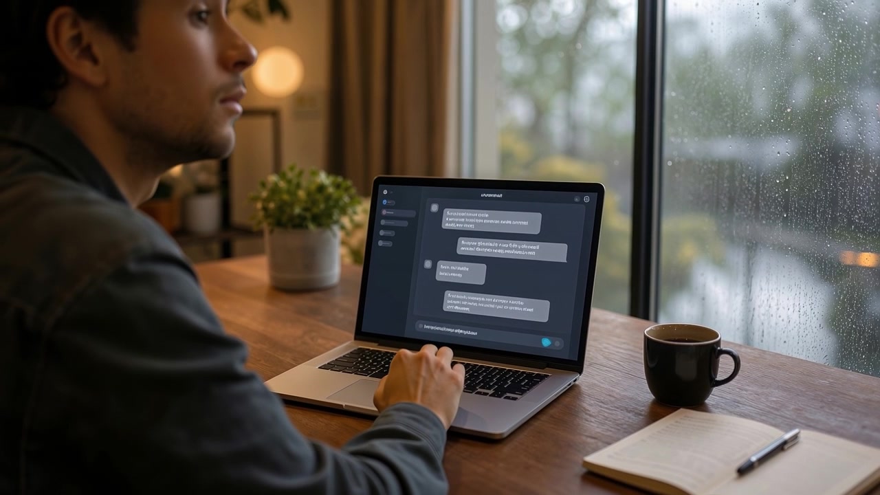Man sitting at a wooden desk working on a laptop with an AI chatbot interface on a rainy day