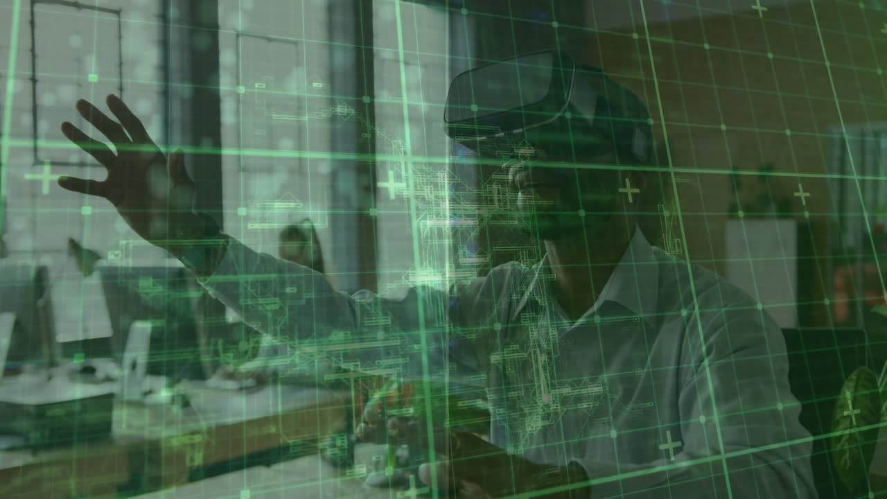 Using virtual reality headset with animation overlay, person in modern office