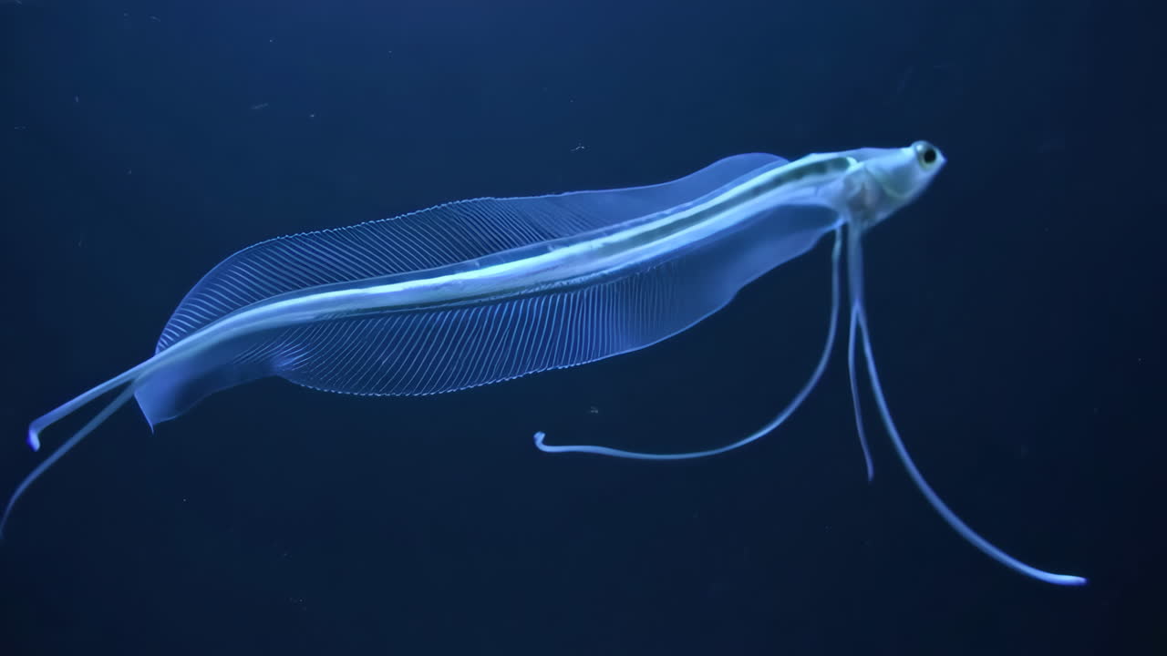 Ethereal Transparent Eel-like Fish in Deep Blue Water