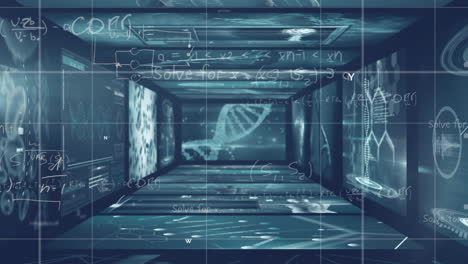 Animation-Von-Mathematischen-Gleichungen-über-Bildschirmen-Mit-DNA-Strang-Auf-Schwarzem-Hintergrund