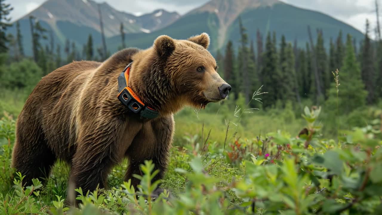 Orso bruno con collare di localizzazione nel suo habitat naturale