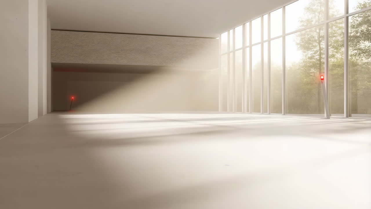 Bright, Empty Modern Room with Sunlight and Large Windows