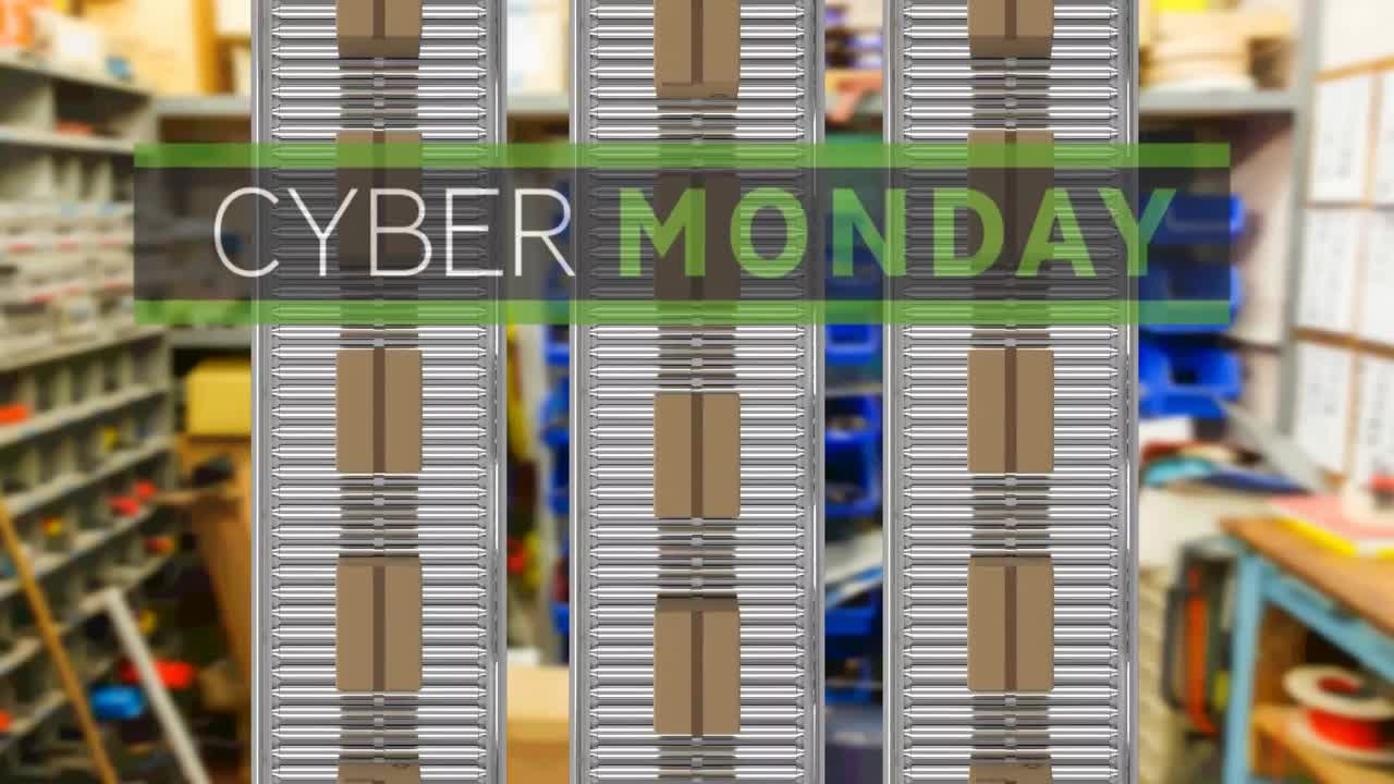 Cyber monday text banner over multiple delivery boxes on conveyer belt against factory