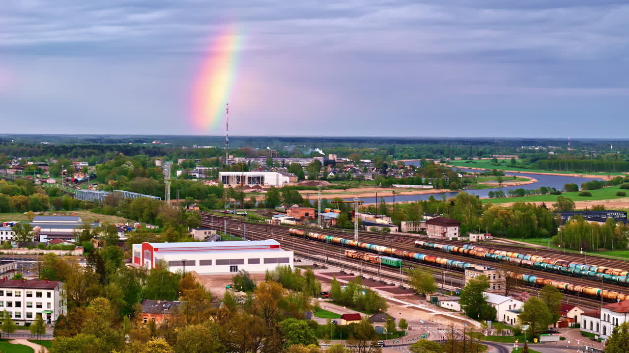 A Vibrant Rainbow Arches Over a Peaceful Town With Colorful Trains and a Winding River Below - Aerial Drone Shot
