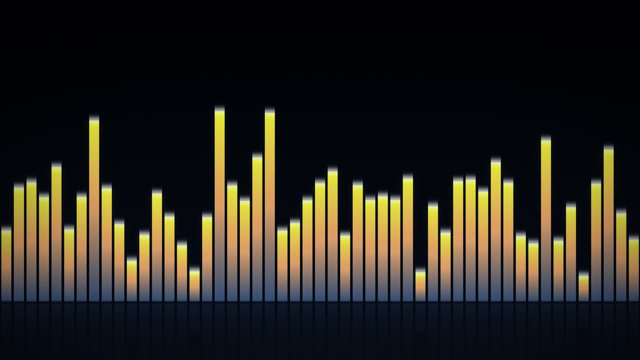 Un equalizzatore audio dinamico con barre sfumate gialle e blu si muove su uno sfondo scuro, rappresentando la visualizzazione del suono e la tecnologia moderna