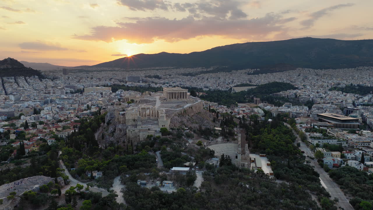 Aerial view of the Acropolis in Athens at sunset
