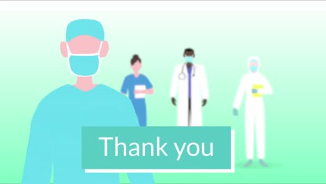 Animation-of-a-words-Thank-You-flashing-on-green-background-with-pictograms-of-medical-staff