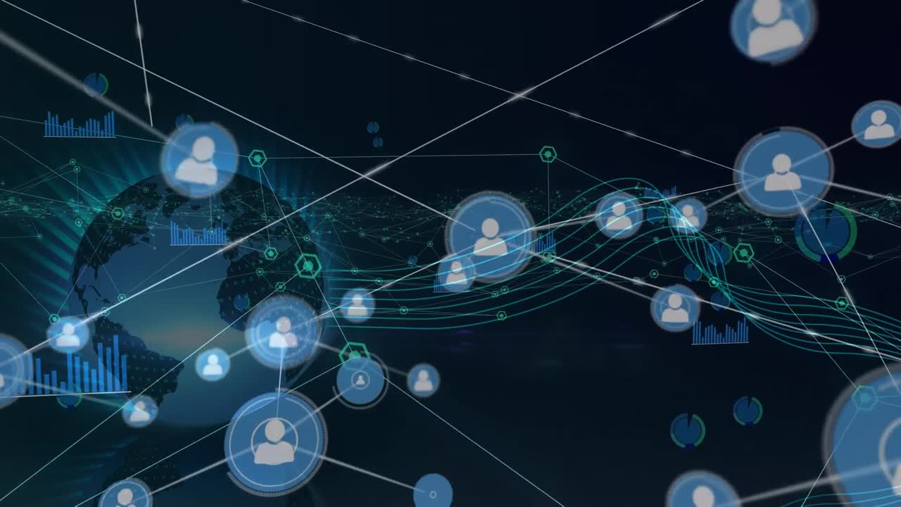 Animation of network of connections over black background with globe