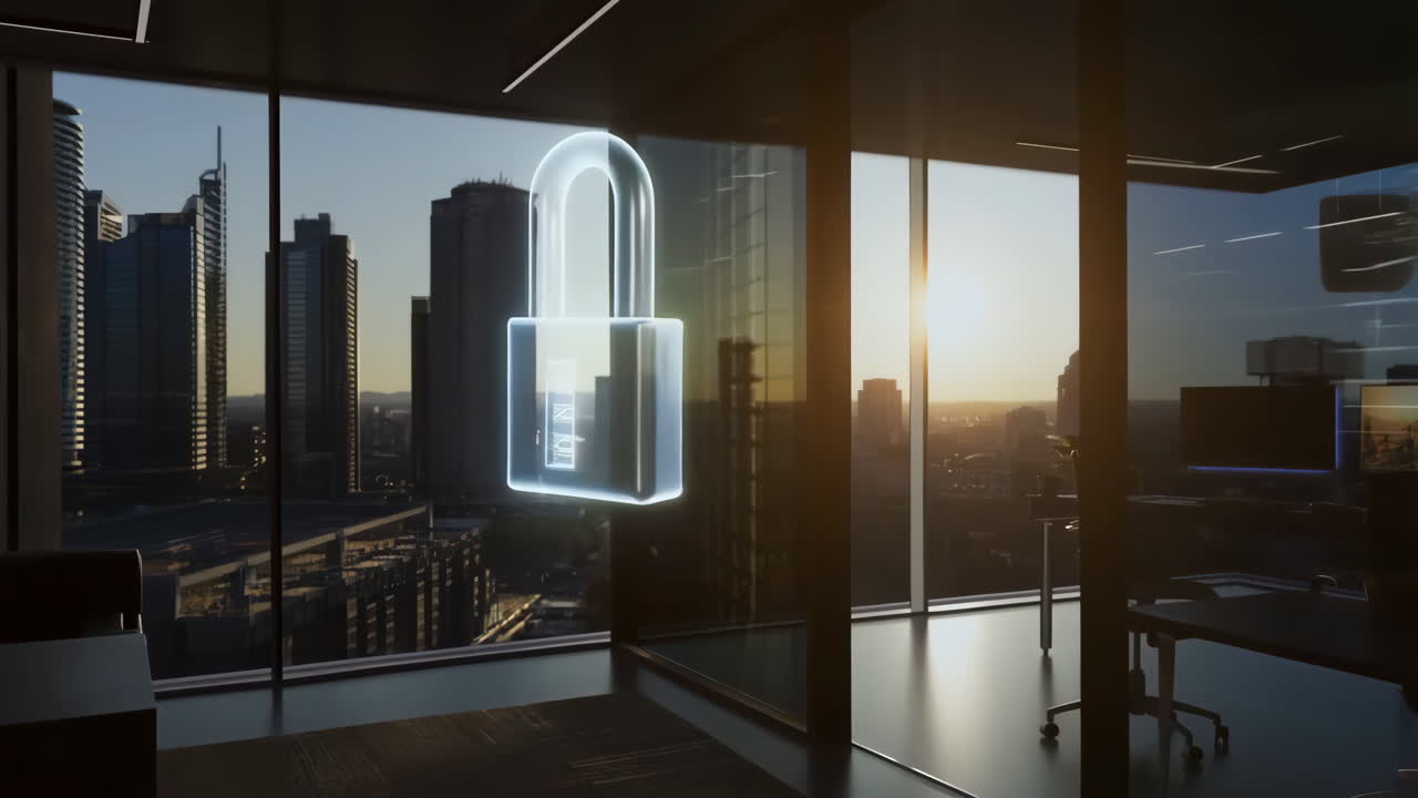 Concetti di sicurezza digitale e dati in un moderno ambiente d'ufficio al tramonto.