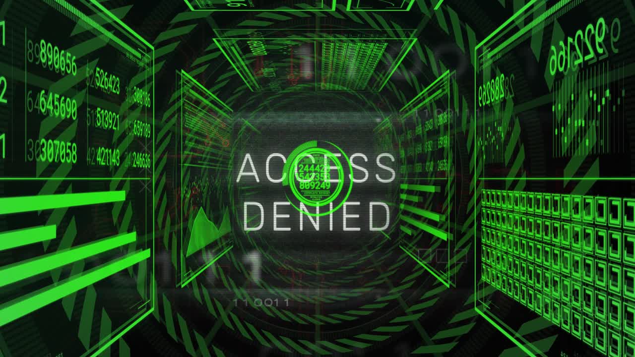 Animation of access denied text, changing numbers in circles, loading bars against black background