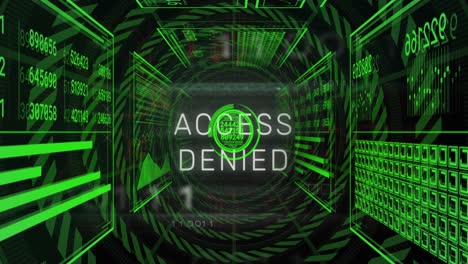 animation of access denied text, changing numbers in circles, loading bars against black background
