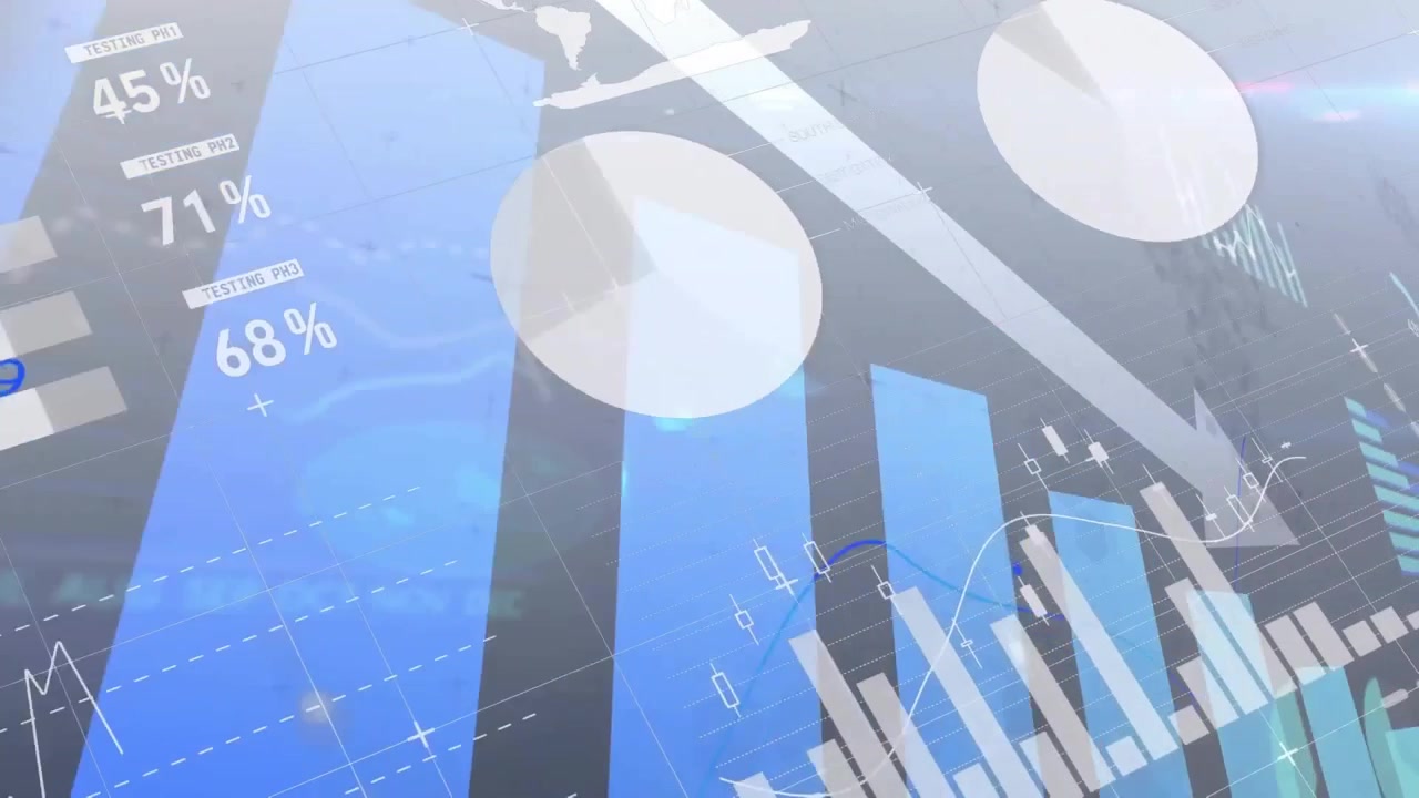 暗い背景に金融データ処理が映し出されるアニメーション