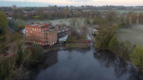 drone footage over dedham mill at sunrise towards dedham