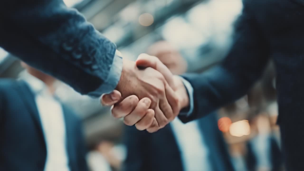 A Significant Handshake: Capturing the Moment of Agreement Between Two Business Professionals in a Modern Setting, Symbolizing Trust and Cooperation