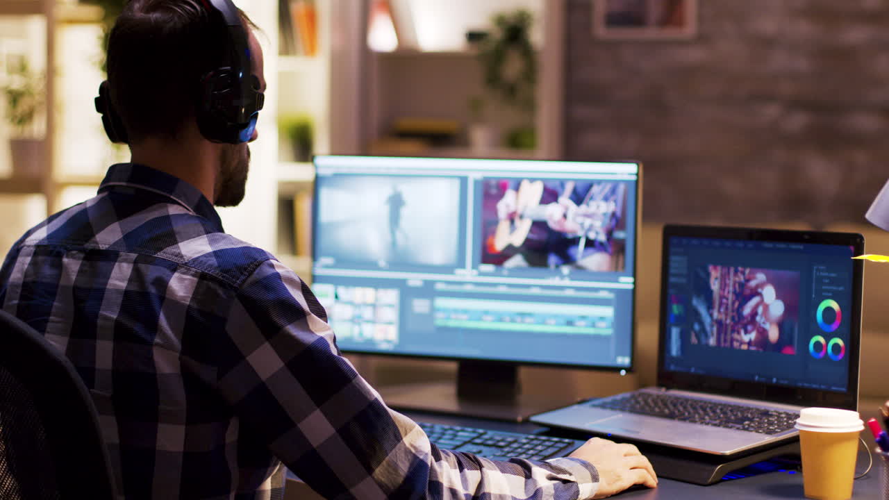 Man editing video on computer with headphones