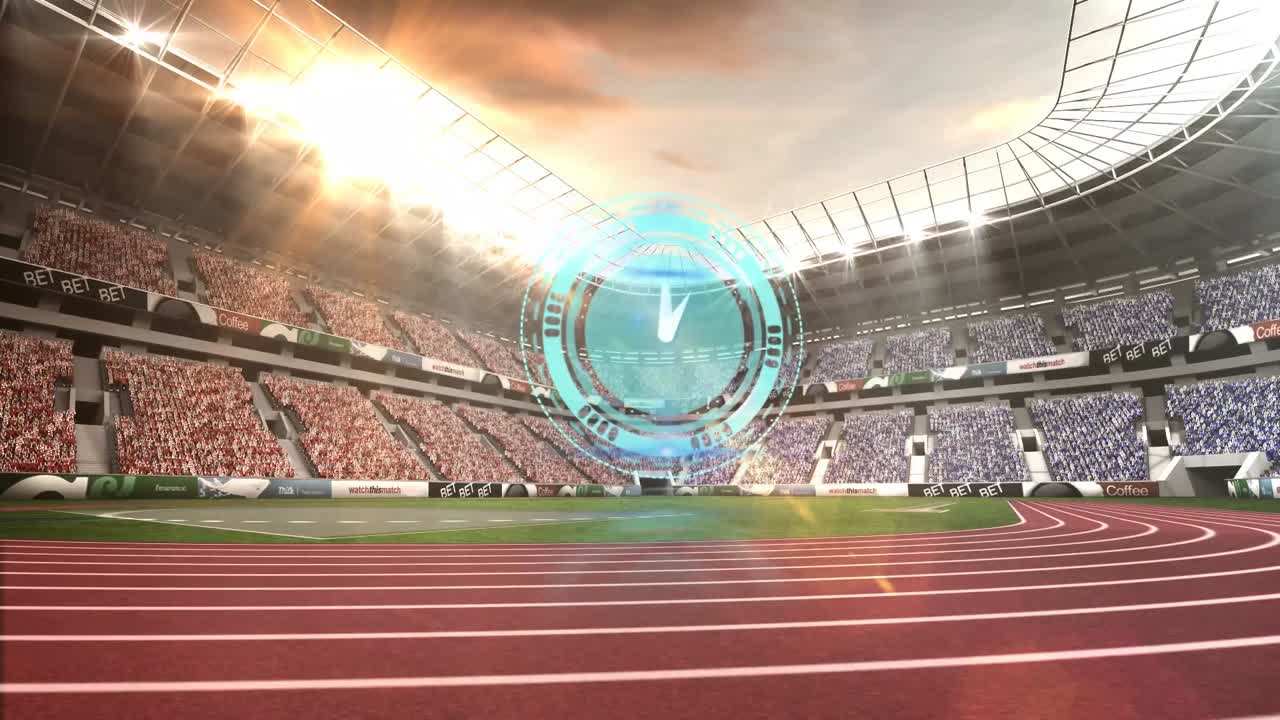 animación del reloj moviéndose rápidamente sobre el estadio deportivo