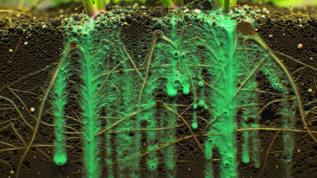 An Intricate View of Soil Microbiology: A Close-Up of Green Substances and Roots Interacting with the Earth Beneath Plant Life in an Immersive Environment