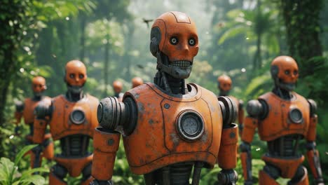 A Group of Futuristic Robots with Skeleton Features in a Lush Green Jungle Environment, Showcasing Advanced Technology and Unique Design Elements in a Stunning Natural Setting