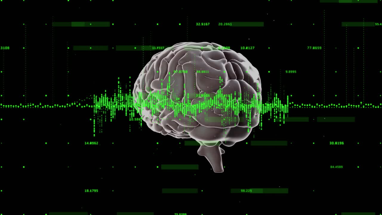 Animation of digital data processing over brain on dark background